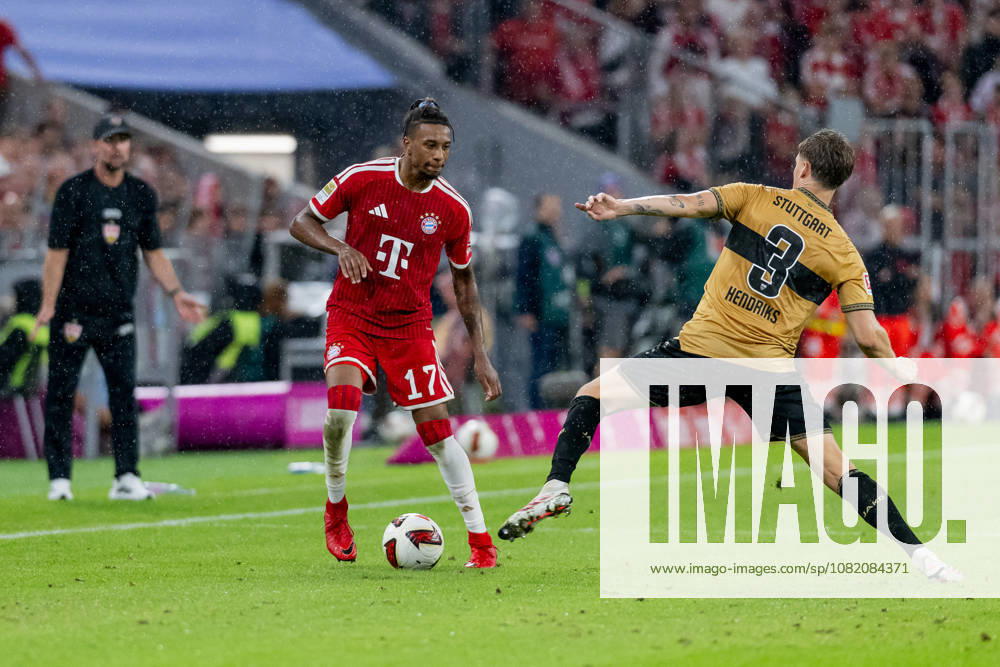 Battle for the Ball: Tackle between Michael Olise (FC Bayern Munich, 17) and Ramon Hendriks (VfB Stuttgart, 03 GER), FC Bayern Munich vs. VfB Stuttgart, Soccer, Bundesliga, Matchday 1, 2026–2027 Season, August 28, 2026 DFL and DFB regulations prohibit any use of photographs as image sequences and or quasi-video. Photo: HMB Media, Heike Feiner