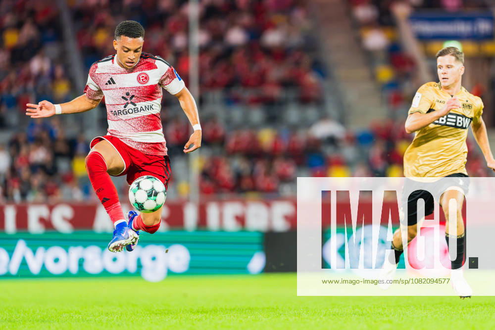 Steven van der Sloot of Fortuna Düsseldorf, No. 02, being marked by Oliver Roelke of VFB Stuttgart II, No. 11; Fortuna Düsseldorf vs. VFB Stuttgart II, soccer, 3rd League, Matchday 03, 2026–27 Season, August 28, 2026, DFL regulations prohibit any use of photographs as image sequences and or quasi-video, Fortuna Düsseldorf vs. VFB Stuttgart II, soccer, 3. Liga, Matchday 3, 2026–27 season, August 28, 2026, Düsseldorf