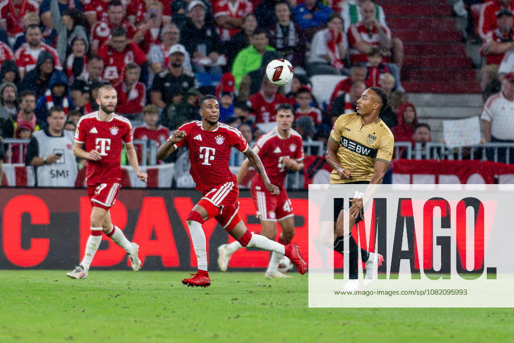 Battle for the Ball: Tackle between Michael Olise (FC Bayern Munich, 17) and Jamie Leweling (VfB Stuttgart, 18) GER, FC Bayern Munich vs. VfB Stuttgart, Soccer, Bundesliga, Matchday 1, 2026–2027 season, August 28, 2026. DFL and DFB regulations prohibit any use of photographs as image sequences and or quasi-video. Photo: HMB Media, Heike Feiner