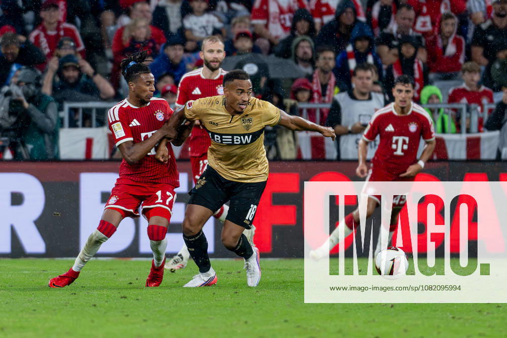 Battle for the Ball: Tackle between Michael Olise (FC Bayern Munich, 17) and Jamie Leweling (VfB Stuttgart, 18) GER, FC Bayern Munich vs. VfB Stuttgart, Soccer, Bundesliga, Matchday 1, 2026–2027 season, August 28, 2026. DFL and DFB regulations prohibit any use of photographs as image sequences and or quasi-video. Photo: HMB Media, Heike Feiner