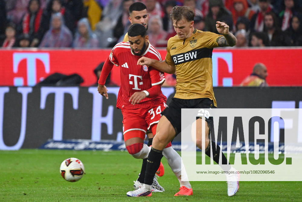 Ismael SAIBARI, Bayern Munich; Action: Tackle against Finn JELTSCH, VfB Stuttgart; Soccer; Bundesliga; 2026–2027 Season, Matchday 1, Matchday 01, FC Bayern Munich vs. VfB Stuttgart 5–1 on August 28, 2026, Allianz Arena