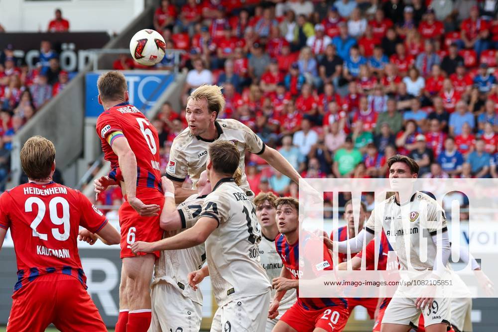 Vincent Vermeij 9 (SG Dynamo Dresden) heads the ball past Patrick Mainka 6 (1. FC Heidenheim 1846), 1. FC Heidenheim 1846 vs. SG Dynamo Dresden, Soccer, Men, 2. Bundesliga, 2026–2027 Season, First Half of the Season, Matchday 3, August 29, 2026. DFB regulations prohibit any use of photographs as image sequences and or quasi-video. Heidenheim, Baden-Württemberg, Germany