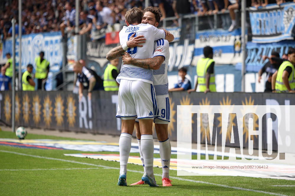 GER, Soccer, Men s, 3rd Division, 2026–2027 Season, MSV Duisburg vs. Würzburger Kickers, Lex Tyger Lobinger, Duisburg, goal celebration; celebrates his 2–0 goal with Aljaz Casar, Duisburg, Schauinsland Arena, North Rhine-Westphalia, Germany