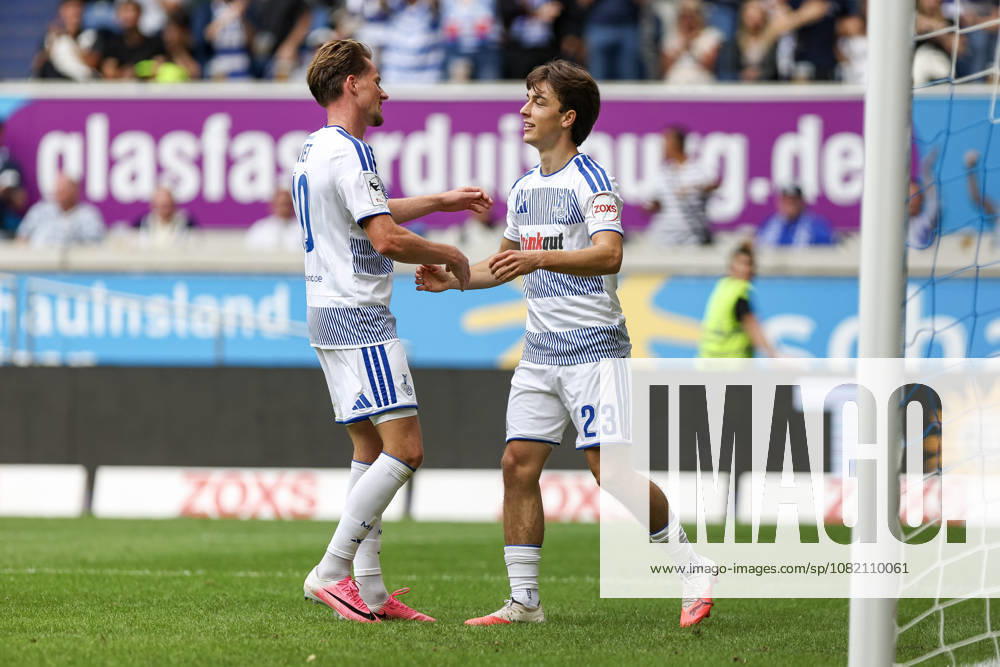 GER, Soccer, Men s, 3rd Division, 2026–2027 Season, MSV Duisburg vs. Würzburger Kickers, Christian Viet (Duisburg) celebrates his goal to make it 3–0 with Jan Simon Symalla (Duisburg); Duisburg, Schauinsland, Reisen Arena, North Rhine-Westphalia, Germany