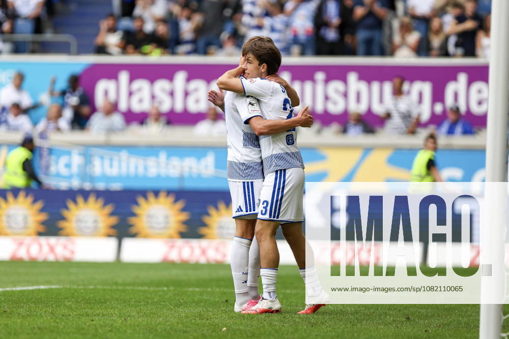 GER, Soccer, Men s, 3rd Division, 2026–2027 Season, MSV Duisburg vs. Würzburger Kickers, Christian Viet (Duisburg) celebrates his goal to make it 3–0 with Jan Simon Symalla (Duisburg); Duisburg, Schauinsland, Reisen Arena, North Rhine-Westphalia, Germany
