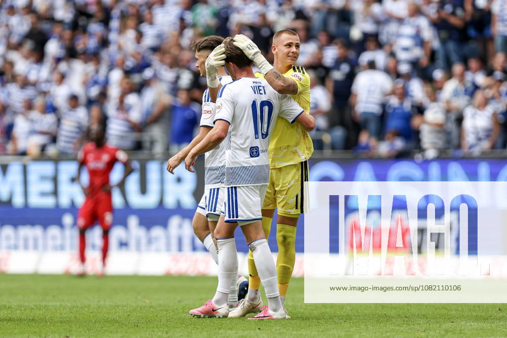 GER, Soccer, Men s, 3rd Division, 2026–2027 Season, MSV Duisburg vs. FC Würzburger Kickers, Christian Viet (Duisburg) celebrates his goal to make it 3–0, Maximilian Braune (Duisburg), Duisburg Schauinsland Arena, North Rhine-Westphalia, Germany