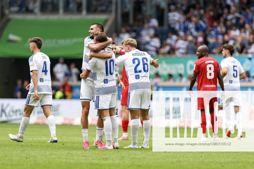GER, Soccer, Men s, 3rd Division, 2026–2027 Season, MSV Duisburg vs. Würzburger Kickers, Christian Viet, Duisburg, goal celebration—celebrating his goal to make it 3–0 with Rasim Bulic, Duisburg, Schauinsland Arena, North Rhine-Westphalia, Germany