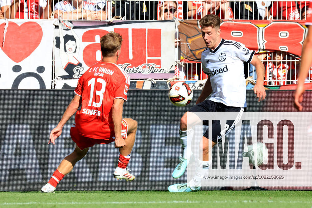 GER, Soccer, Bundesliga 1, 2026–2027, Alte Foersterei, 1. FC Union vs. Eintracht Frankfurt, Elias Braun, Eintracht Frankfurt 2–1, DFB League, DFL regulations prohibit any use of photographs as image sequences and or quasi-video, Berlin, Alte Foersterei Stadium, Berlin, Germany