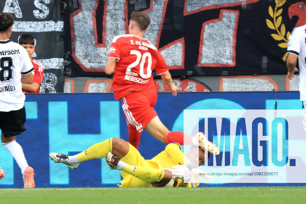 GER, Soccer, Bundesliga 1, 2026–2027, Alte Foersterei, 1. FC Union vs. Eintracht Frankfurt Michel Aebischer 1. FC Union Berlin 20, Noah Atubolu Eintracht Frankfurt 1 1 League DFB DFL regulations prohibit any use of photographs as image sequences and or quasi-video Berlin Stadium Alte Foersterei Berlin Germany