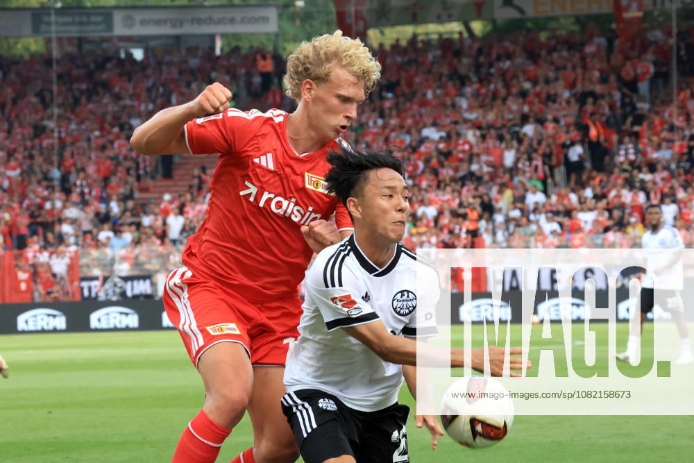 GER, Soccer, Bundesliga 1, 2026–2027, Alte Foersterei, 1. FC Union vs. Eintracht Frankfurt, Leopold Querfeld, 1. FC Union Berlin 14, KEITA KOSUGI, Eintracht Frankfurt 26. DFB and DFL regulations prohibit any use of photographs as image sequences and or quasi-video. Berlin, Alte Foersterei Stadium, Berlin, Germany
