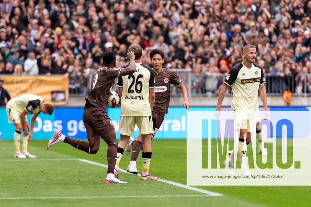 Goal: 1–2 by Abdoulie Ceesay (FC St. Pauli), No. 09, celebrates with Taichi Hara (FC St. Pauli), No. 18, GER, FC St. Pauli vs. 1. FC Kaiserslautern, Soccer, 2. Bundesliga, Matchday 3, 2026–2027 Season, August 30, 2026 DFL regulations prohibit any use of photographs as image sequences and or quasi-video, GER, FC St. Pauli vs. 1. FC Kaiserslautern, Soccer, 2. Bundesliga, Matchday 3, 2026–2027 Season, August 30, 2026, Hamburg
