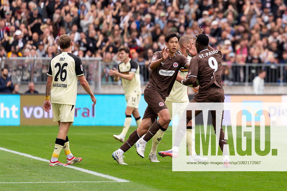 Goal: 1–2 by Abdoulie Ceesay (FC St. Pauli), No. 09, celebrates with Taichi Hara (FC St. Pauli), No. 18, GER, FC St. Pauli vs. 1. FC Kaiserslautern, Soccer, 2. Bundesliga, Matchday 3, 2026–2027 Season, August 30, 2026 DFL regulations prohibit any use of photographs as image sequences and or quasi-video, GER, FC St. Pauli vs. 1. FC Kaiserslautern, Soccer, 2. Bundesliga, Matchday 3, 2026–2027 Season, August 30, 2026, Hamburg