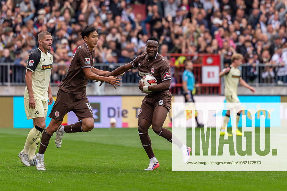 Goal: 1–2 by Abdoulie Ceesay (FC St. Pauli), No. 09, celebrates with Taichi Hara (FC St. Pauli), No. 18, GER, FC St. Pauli vs. 1. FC Kaiserslautern, Soccer, 2. Bundesliga, Matchday 3, 2026–2027 Season, August 30, 2026 DFL regulations prohibit any use of photographs as image sequences and or quasi-video, GER, FC St. Pauli vs. 1. FC Kaiserslautern, Soccer, 2. Bundesliga, Matchday 3, 2026–2027 Season, August 30, 2026, Hamburg