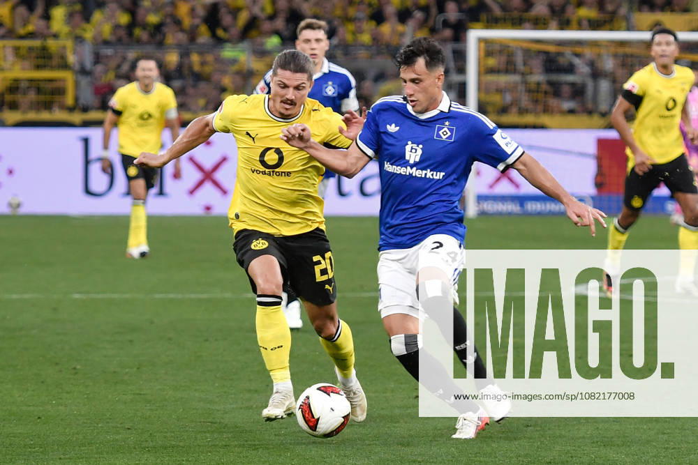From left: Marcel Sabitzer (Dortmund) and Nicolas Capaldo (SV) in a one-on-one duel, 2026-08-29 20:00 ¢ Soccer ¢ Borussia Dortmund vs. Hamburger SV, Signal Iduna Park, Dortmund, DFB DFL regulations prohibit any use of photographs as image sequences and or quasi-video NRW Germany