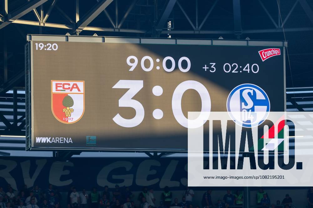 Final score 3–0 on the scoreboard, FC Augsburg vs. FC Schalke 04, soccer, Bundesliga 1, Matchday 1, August 30, 2026. DFB regulations prohibit any use of photographs as image sequences and or quasi-video. Augsburg, Bavaria, Germany