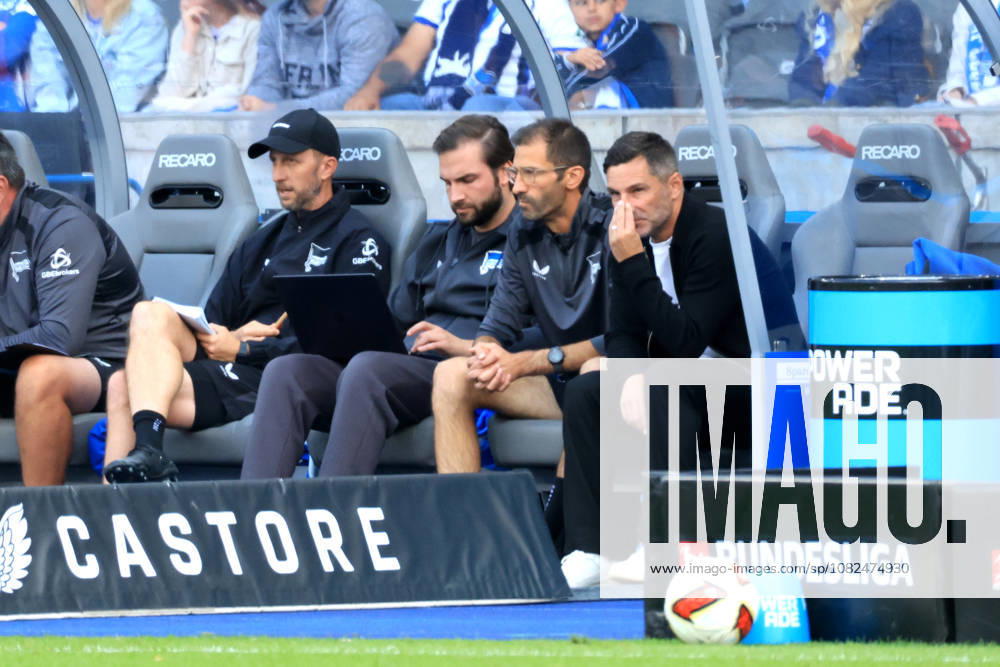 Germany, Soccer, 2. Bundesliga, Matchday, 2026–2027 Season, Berlin Olympic Stadium, Hertha BSC vs. 1. FC Magdeburg; Hertha BSC bench, Head Coach Stefan Leitl; Hertha BSC Berlin; 2nd Division; DFB and DFL regulations prohibit any use of photographs as image sequences and or quasi-video; Berlin; Berlin Olympic Stadium; Berlin, Germany