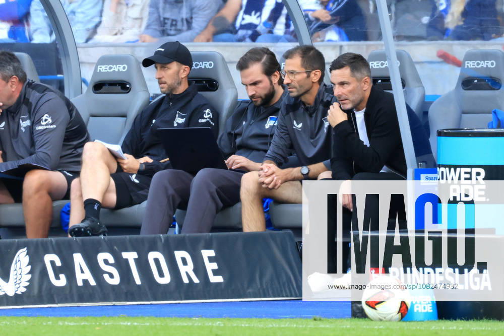 Germany, Soccer, 2. Bundesliga, Matchday, 2026–2027 Season, Berlin Olympic Stadium, Hertha BSC vs. 1. FC Magdeburg; Hertha BSC bench, Head Coach Stefan Leitl; Hertha BSC Berlin; 2nd Division; DFB and DFL regulations prohibit any use of photographs as image sequences and or quasi-video; Berlin; Berlin Olympic Stadium; Berlin, Germany