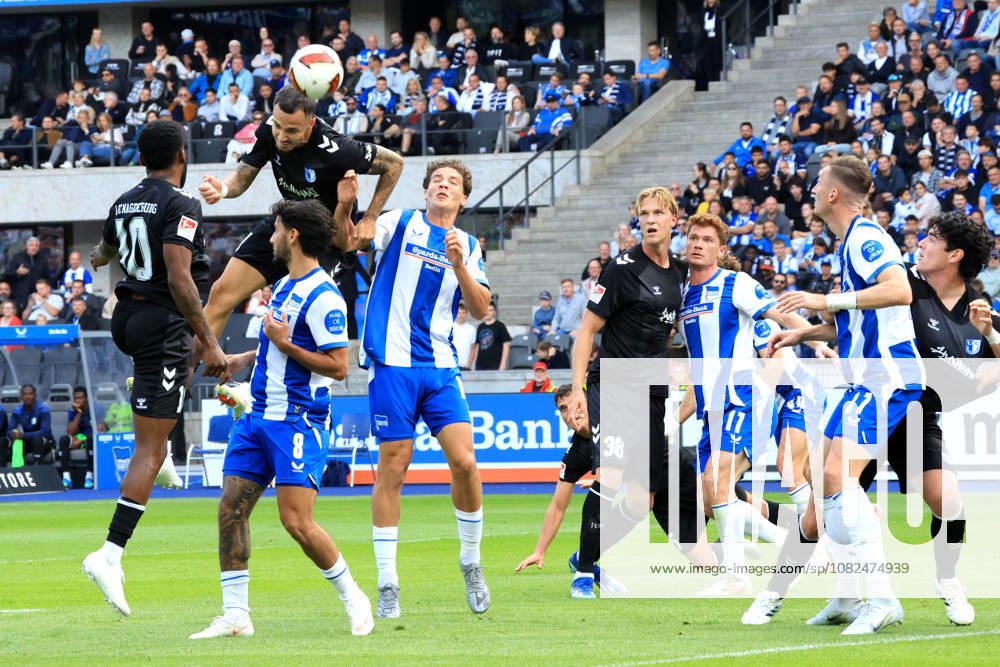 Germany, Soccer, 2. Bundesliga, Matchday, 2026–2027 Season, Berlin Olympic Stadium, Hertha BSC vs. 1. FC Magdeburg 1–1 (goal by Falko Michel), 1. FC Magdeburg 21, Kevin Sessa, Hertha BSC Berlin 8, Linus Jasper Gechter, Hertha BSC Berlin 44, MORITZ BRONI KWARTENG, 1. FC Magdeburg 10. DFB and DFL regulations prohibit any use of photographs as image sequences and or quasi-video. Berlin, Berlin Olympic Stadium, Berlin, Germany