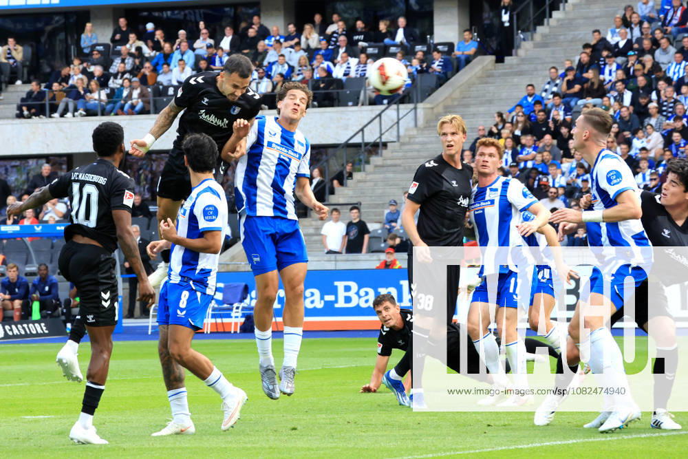 Germany, Soccer, 2. Bundesliga, Matchday, 2026–2027 Season, Berlin Olympic Stadium, Hertha BSC vs. 1. FC Magdeburg 1–1 (goal by Falko Michel), 1. FC Magdeburg 21, Kevin Sessa, Hertha BSC Berlin 8, Linus Jasper Gechter, Hertha BSC Berlin 44, MORITZ BRONI KWARTENG, 1. FC Magdeburg 10. DFB and DFL regulations prohibit any use of photographs as image sequences and or quasi-video. Berlin, Berlin Olympic Stadium, Berlin, Germany