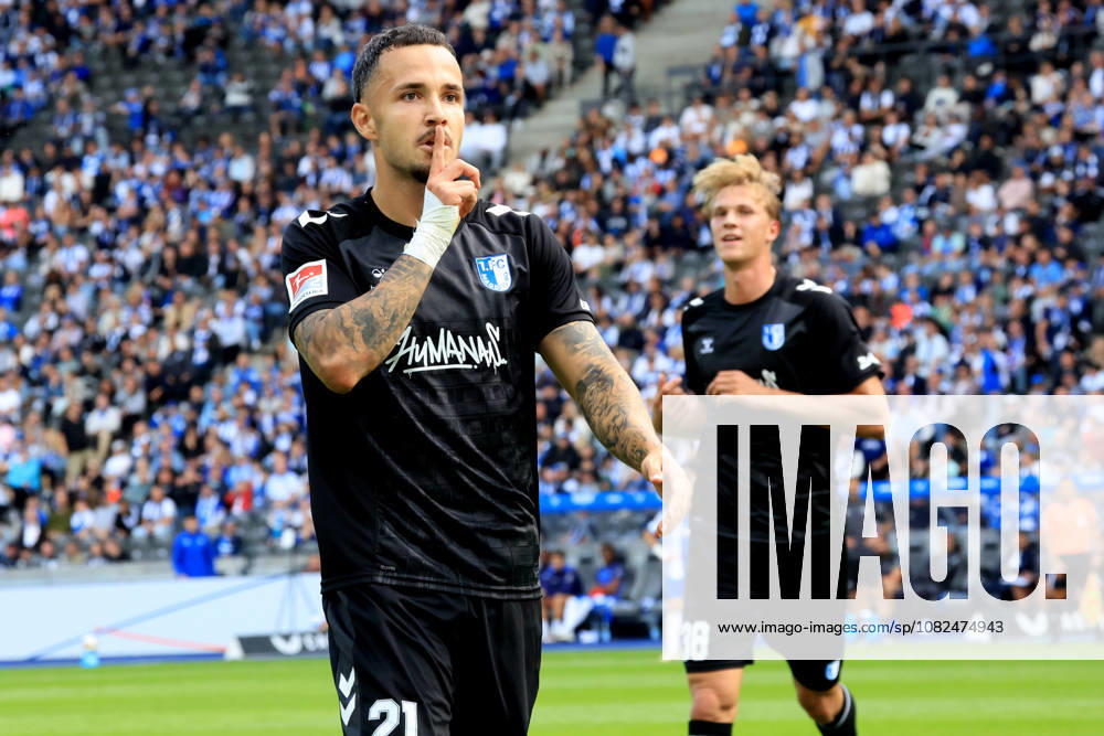 Germany, Soccer, 2. Bundesliga, Matchday, 2026–2027 Season, Berlin Olympic Stadium, Hertha BSC vs. 1. FC Magdeburg 1–1 (goal by Falko Michel), 1. FC Magdeburg 21. DFB and DFL regulations prohibit any use of photographs as image sequences and or quasi-video. Berlin, Berlin Olympic Stadium, Berlin, Germany