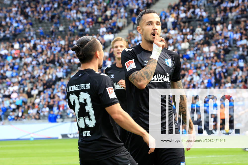 Germany, Soccer, 2. Bundesliga, Matchday, 2026–2027 Season, Berlin Olympic Stadium, Hertha BSC vs. 1. FC Magdeburg 1–1 (goal by Falko Michel, 1. FC Magdeburg 21; Baris Atik, 1. FC Magdeburg 23). DFB and DFL regulations prohibit any use of photographs as image sequences and or quasi-video. Berlin, Berlin Olympic Stadium, Berlin, Germany