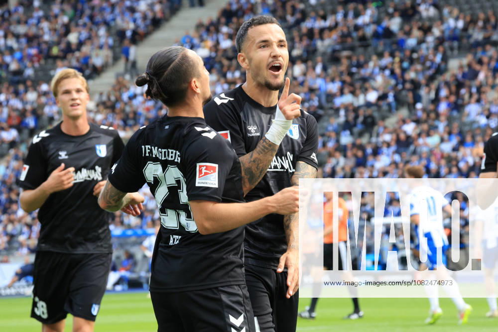 Germany, Soccer, 2. Bundesliga, Matchday, 2026–2027 Season, Berlin Olympic Stadium, Hertha BSC vs. 1. FC Magdeburg 1–1 (goal by Falko Michel, 1. FC Magdeburg 21; Baris Atik, 1. FC Magdeburg 23). DFB and DFL regulations prohibit any use of photographs as image sequences and or quasi-video. Berlin, Berlin Olympic Stadium, Berlin, Germany