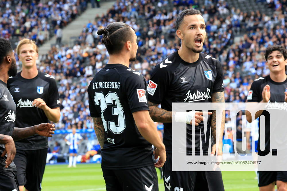 Germany, Soccer, 2. Bundesliga, Matchday, 2026–2027 Season, Berlin Olympic Stadium, Hertha BSC vs. 1. FC Magdeburg 1–1 (goal by Falko Michel, 1. FC Magdeburg 21; Baris Atik, 1. FC Magdeburg 23). DFB and DFL regulations prohibit any use of photographs as image sequences and or quasi-video. Berlin, Berlin Olympic Stadium, Berlin, Germany