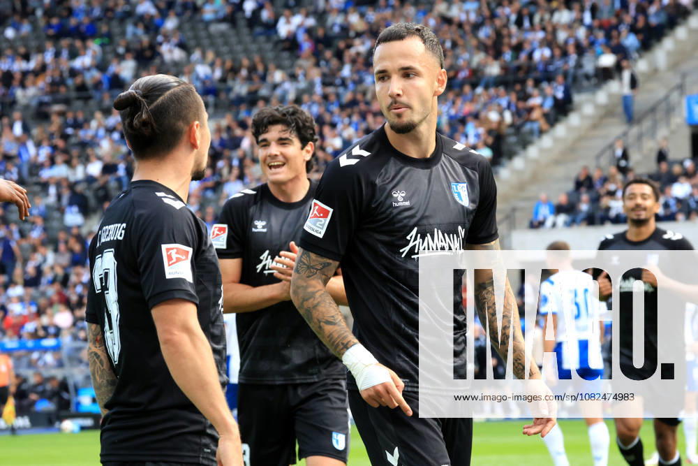 Germany, Soccer, 2. Bundesliga, Matchday, 2026–2027 Season, Berlin Olympic Stadium, Hertha BSC vs. 1. FC Magdeburg 1–1 (goal by Falko Michel, 1. FC Magdeburg 21; Baris Atik, 1. FC Magdeburg 23). DFB and DFL regulations prohibit any use of photographs as image sequences and or quasi-video. Berlin, Berlin Olympic Stadium, Berlin, Germany