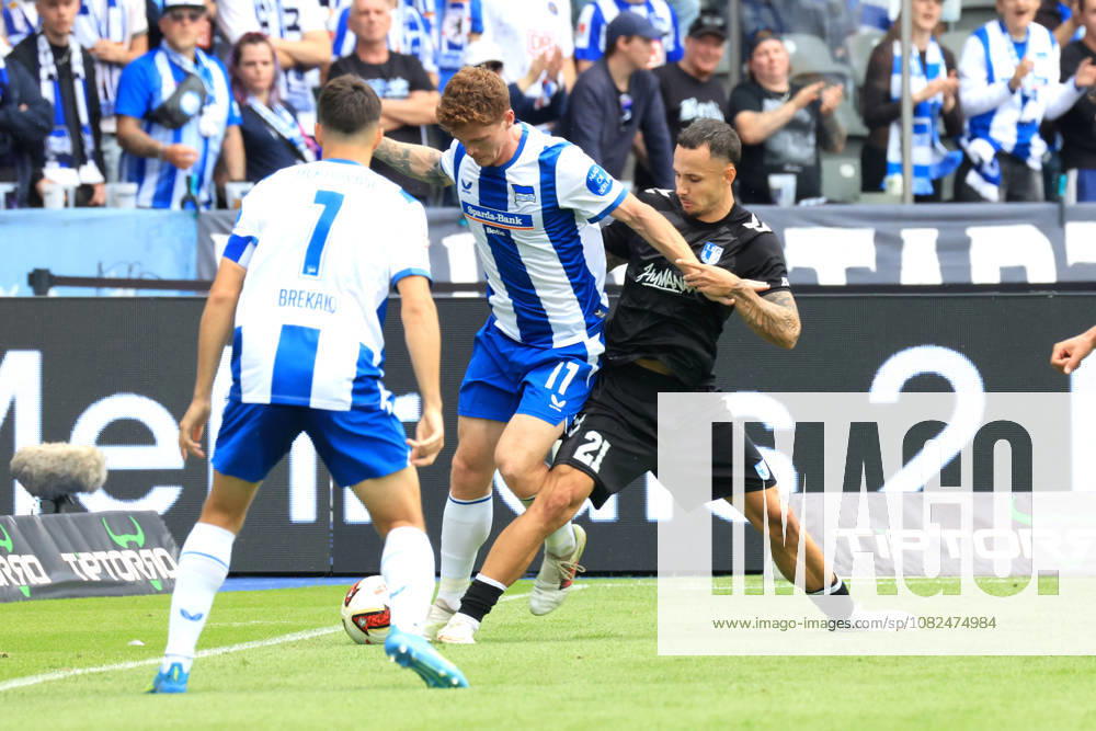 Germany, Soccer, 2. Bundesliga, Matchday, 2026–2027 Season, Berlin Olympic Stadium, Hertha BSC vs. 1. FC Magdeburg—Sebastian Groenning, Hertha BSC Berlin 17, Josip Brekalo, Hertha BSC Berlin 7, Falko Michel, 1 FC Magdeburg 21. 2. Bundesliga. DFB and DFL regulations prohibit any use of photographs as image sequences and or quasi-video. Berlin, Berlin Olympic Stadium, Berlin, Germany