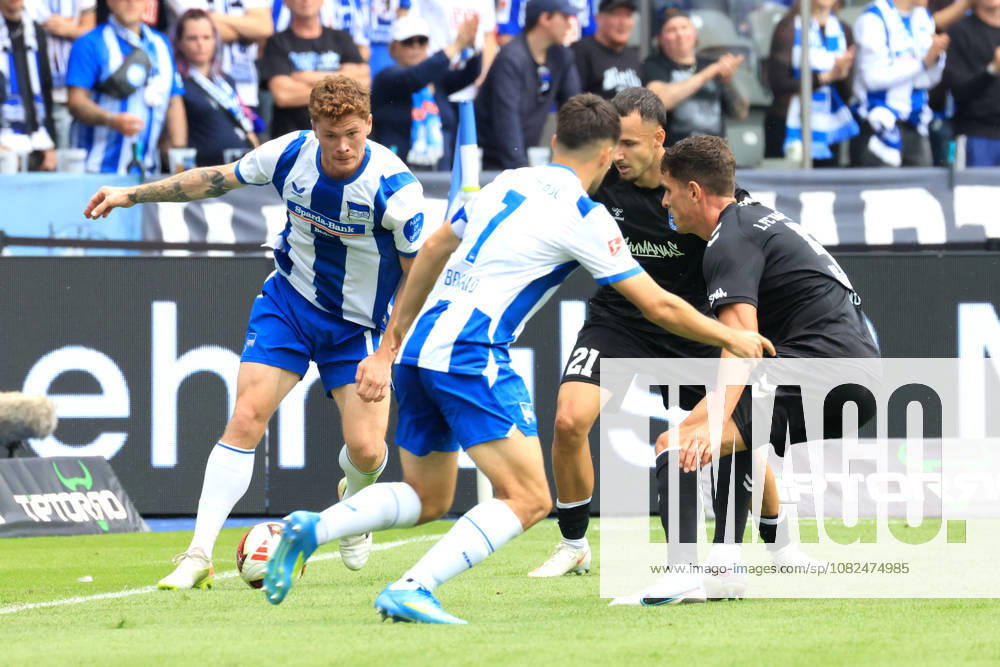 Germany, Soccer, Bundesliga 2, Matchday, 2026–2027 Season, Berlin Olympic Stadium, Hertha BSC vs. 1. FC Magdeburg; Sebastian Groenning, Hertha BSC Berlin 17; Josip Brekalo, Hertha BSC Berlin 7; Falko Michel, 1. FC Magdeburg 21; Tobias Mueller 1 FC Magdeburg 5 2. Bundesliga DFB DFL regulations prohibit any use of photographs as image sequences and or quasi-video Berlin, Berlin Olympic Stadium, Berlin, Germany