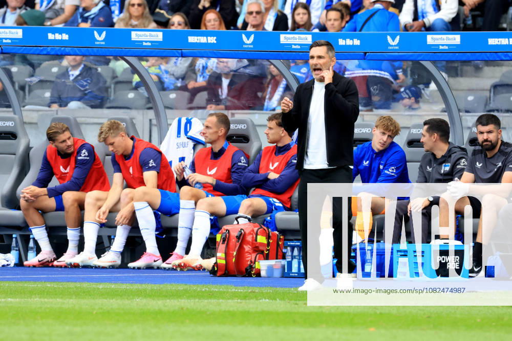 Germany, Soccer, 2. Bundesliga, Matchday, 2026–2027 Season, Berlin Olympic Stadium, Hertha BSC vs. 1. FC Magdeburg Head Coach Stefan Leitl, Hertha BSC Berlin, Hertha bench, 2nd Division, DFB and DFL regulations prohibit any use of photographs as image sequences and or quasi-video, Berlin, Berlin Olympic Stadium, Berlin, Germany