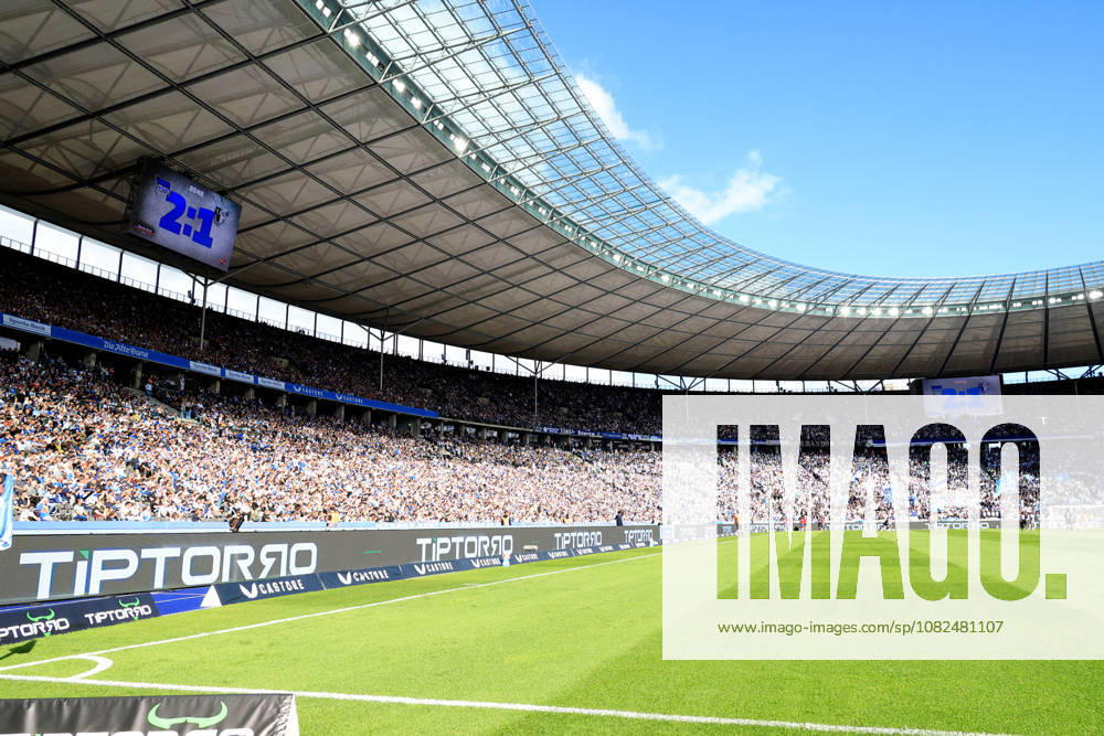 Germany, Soccer, 2. Bundesliga, Matchday, 2026–2027 Season, Berlin Olympic Stadium, Hertha BSC vs. 1. FC Magdeburg—stadium interior view with final score. 2nd Division, DFB, DFL regulations prohibit any use of photographs as image sequences and or quasi-video. Berlin, Berlin Olympic Stadium, Berlin, Germany