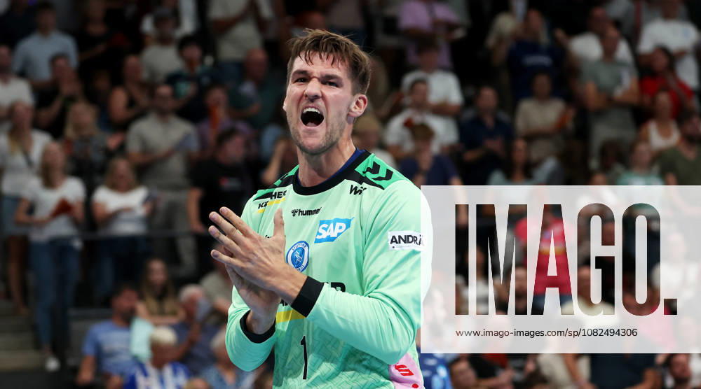 Germany, Stuttgart, Handball: TVB Stuttgart vs. Füchse Berlin; Mateusz Kornecki of TVB celebrates and pumps his fists