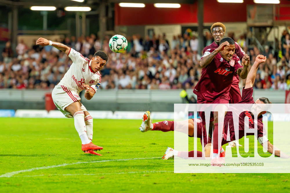 Steven van der Sloot (Fortuna Düsseldorf, No. 02) takes a shot, and the ball is blocked by David Al Azzawe (Fortuna Cologne, No. 15) as he rushes in, Romeo Aigbekaen (Fortuna Cologne, 30), Salim Hadouchi (Fortuna Cologne, 17), Fortuna Cologne vs. Fortuna Düsseldorf, Soccer, 3rd Division, Matchday 4, 2026–27 Season, June 9, 2026, DFL REGULATIONS PROHIBIT ANY USE OF PHOTOGRAPHS AS IMAGE SEQUENCES AND OR QUASI-VIDEO, Fortuna Cologne vs. Fortuna Düsseldorf, Soccer, 3rd Division, Matchday 4, 2026–27 Season, September 6, 2026, Cologne
