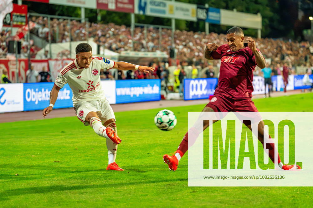 Steven van der Sloot of Fortuna Düsseldorf (No. 02) attempts a cross and is blocked by Salim Hadouchi of Fortuna Cologne (No. 17). Fortuna Cologne vs. Fortuna Düsseldorf, Soccer, 3rd Division, Matchday 4, 2026–27 Season, September 6, 2026, DFL regulations prohibit any use of photographs as image sequences and or quasi-video, Fortuna Cologne vs. Fortuna Düsseldorf, soccer, 3. Liga, Matchday 4, 2026–27 Season, September 6, 2026, Cologne