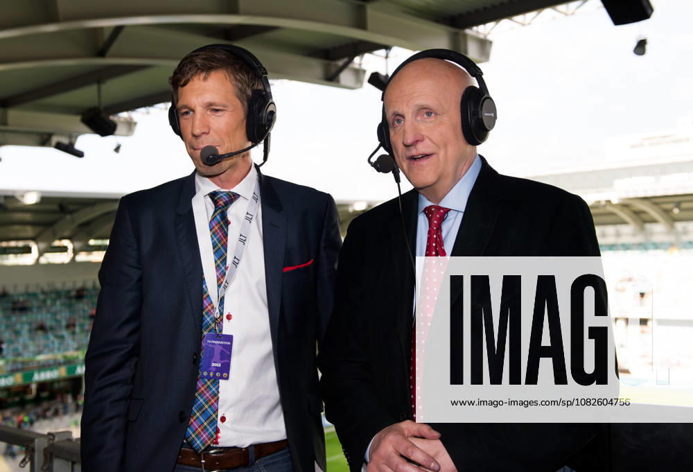 Soccer, Allsvenskan, GAIS IFK Göteborg Arne Hegerfors is calling his final game as a commentator, here with co-commentator Jens Fjellström TV Commentator, Expert Commentator Gothenburg Sweden