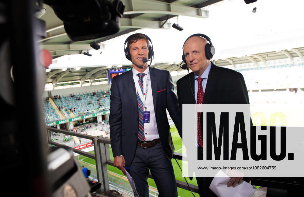 Soccer, Allsvenskan, GAIS IFK Göteborg Arne Hegerfors is calling his final game as a commentator, here with co-commentator Jens Fjellström TV Commentator, Expert Commentator Gothenburg Sweden
