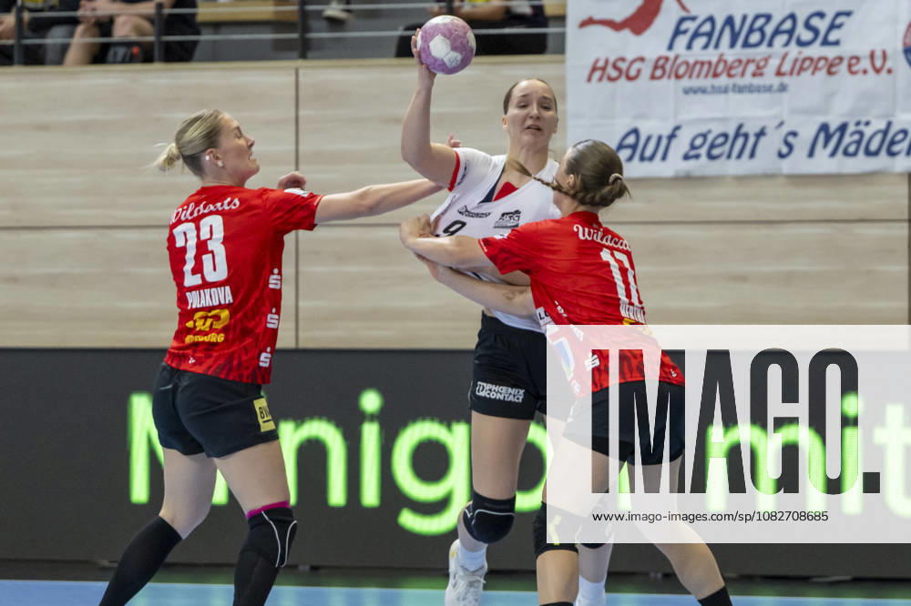 Alsco Women s Handball Bundesliga, 2026–2027 Season: SV Union Halle Neustadt vs. HSG Blomberg Lippe, Halle, Germany, September 9, 2026. Pictured, from left, in a one-on-one battle: Marie Polakova (Halle), Nieke Kühne (Blomberg) and Emma Hertha (Halle), Halle-Saale, SWH Arena, Saxony-Anhalt, Germany
