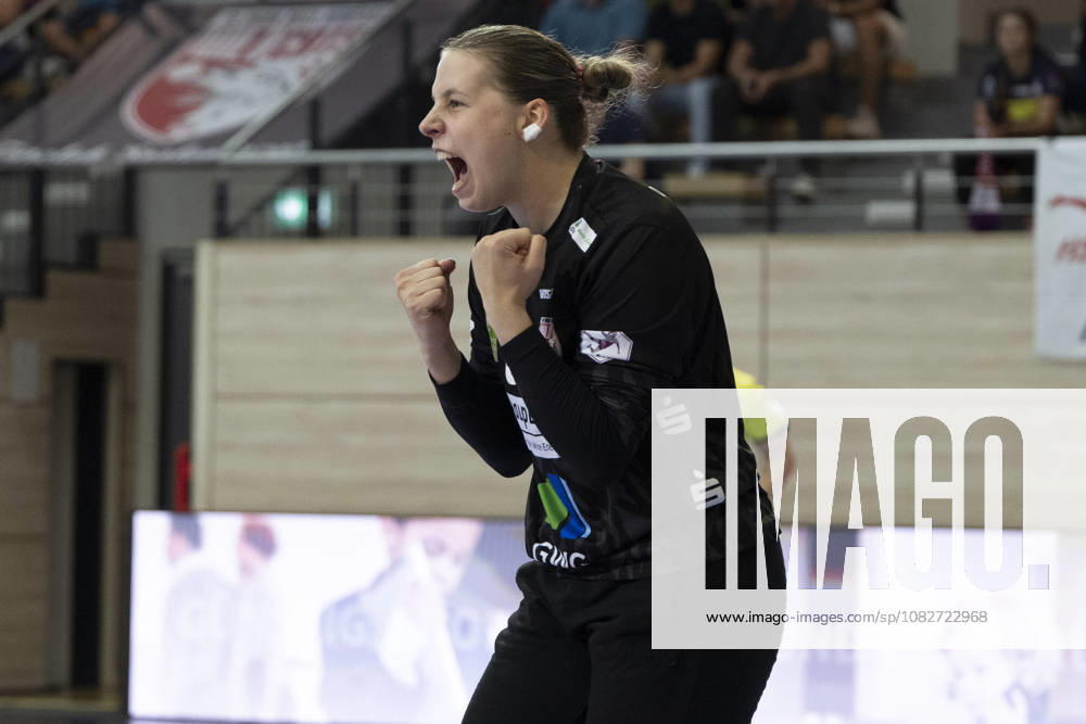 Alsco Women s Handball Bundesliga, 2026–2027 Season: SV Union Halle Neustadt vs. HSG Blomberg Lippe, Halle, Germany, September 9, 2026. Pictured: Goalkeeper Lena Schmied of Halle—facial expression, intense look, emotion, Halle, Saale, SWH Arena, Saxony-Anhalt, Germany