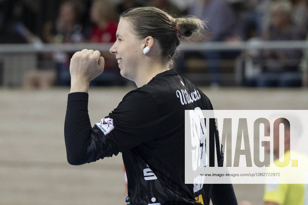 Alsco Women s Handball Bundesliga, 2026–2027 Season: SV Union Halle Neustadt vs. HSG Blomberg Lippe, Halle, Germany, September 9, 2026. Pictured: Goalkeeper Lena Schmied of Halle gesturing, Halle Saale SWH Arena, Saxony-Anhalt, Germany