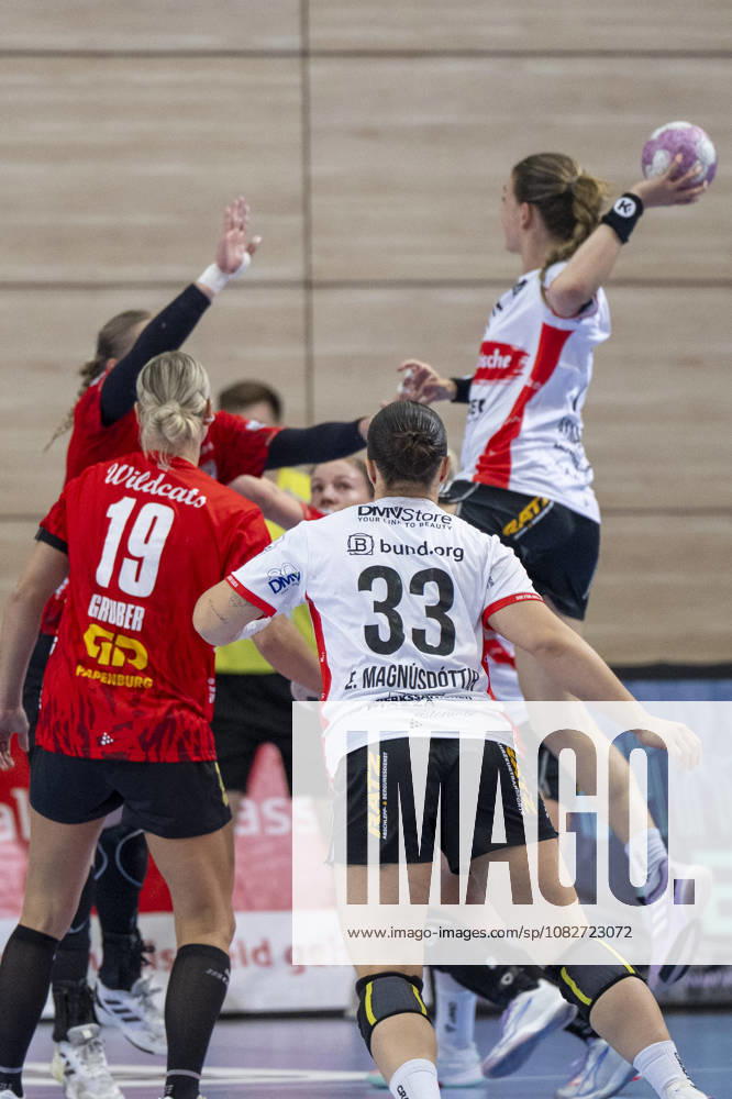 Alsco Women s Handball Bundesliga, 2026–2027 Season: SV Union Halle Neustadt vs. HSG Blomberg Lippe, Halle, Germany, September 9, 2026. Pictured from left: Lea Gruber (Halle), Elin Magnusdottir (Blomberg), and Isabelle Axmann (Blomberg). Halle-Saale, SWH Arena, Saxony-Anhalt, Germany