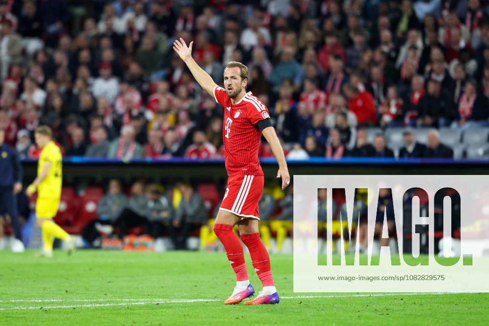 Harry Kane, FC Bayern Munich, September 9, gesturing, gesture, GER, FC Bayern Munich vs. FK Bodo Glimt, soccer, UEFA Champions League, group stage, Matchday 1, 2026–2027 season, September 10, 2026, GER, FC Bayern Munich vs. FK Bodo Glimt, soccer, UEFA Champions League, group stage, Matchday 1, 2026–2027 season, September 10, 2026, Munich