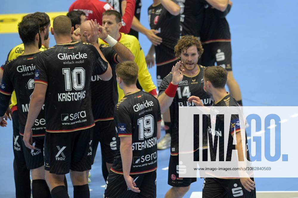 Celebration and joy after the victory: Johannes Golla (MT Melsungen 14), Florian Drosten (MT Melsungen 18) in the foreground, Reynir Thor Stefansson (MT Melsungen 19), Dainis Kristopans (MT Melsungen 10), Kristof Palasics, goalkeeper for MT Melsungen 32, in the background; GER, MT Melsungen HC vs. Vardar Skopje 1961 MKD; handball; Men’s Champions League; group matches; 2026–2027 season; September 10, 2026, GER, MT Melsungen vs. HC Vardar Skopje, Handball, Men’s Champions League, Group Match, 2026–2027 Season, September 10, 2026, Kassel
