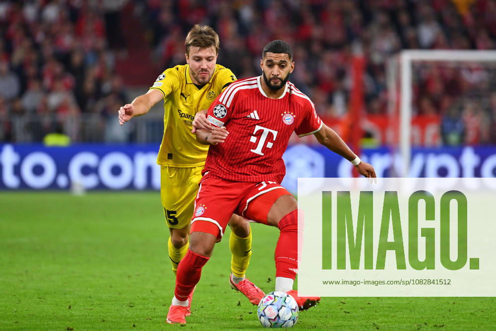 Ismael SAIBARI, Bayern Munich, Action, Tackle against Fredrik Bjoerka, Glimt, Soccer, Champions League, 2026–27 Season, Group Stage: FC Bayern Munich vs. Bodo Glimt, 5–0 on September 10, 2026