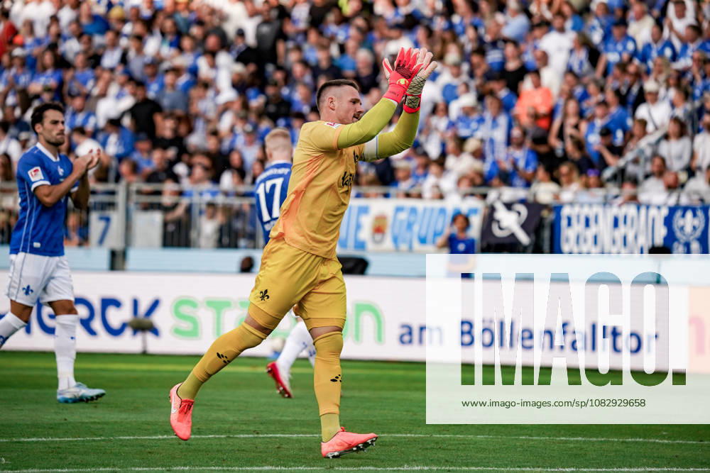 Germany Soccer Season 2026–2027, 2. Bundesliga, Matchday 5, SV Darmstadt 98 vs. Arminia Bielefeld, Merck Stadium at Böllenfalltor, Darmstadt, Marcel Schuhen (SV Darmstadt 98), 1 gesture, body language, emotion, Darmstadt, Merck Stadium at Böllenfalltor, Germany