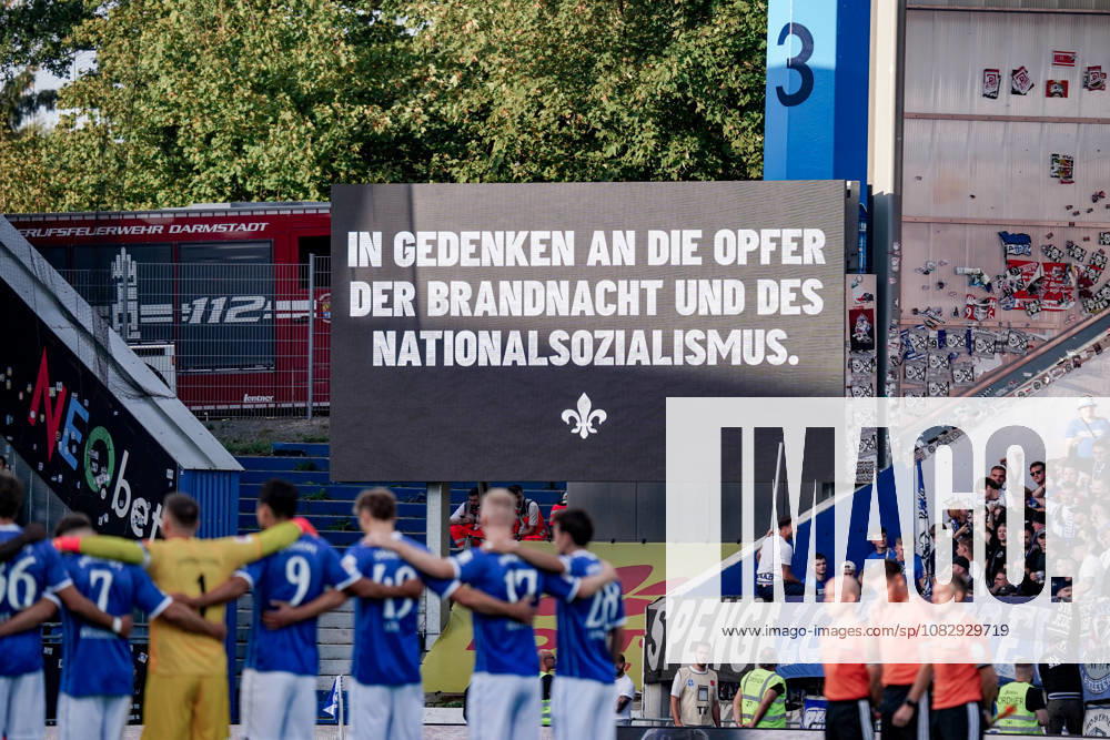 Germany Soccer Season 2026–2027, 2. Bundesliga, Matchday 5, SV Darmstadt 98 vs. Arminia Bielefeld, Merck Stadium at Böllenfalltor, Darmstadt—scoreboard, moment of remembrance, minute of silence, Darmstadt, Merck Stadium at Böllenfalltor, Germany