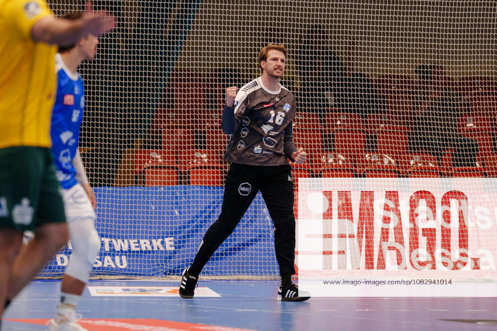 2nd Handball Bundesliga, Matchday 3: Dessau Roßlauer HV 06 vs. VfL Eintracht Hagen, Philip Ambrosius, Dessau Roßlauer HV 06, 16 clenches his fist on September 11, 2026, at the Anhalt Arena, Dessau-Roßlau, Saxony-Anhalt, Dessau-Roßlau, Anhalt Arena, Saxony-Anhalt, Germany