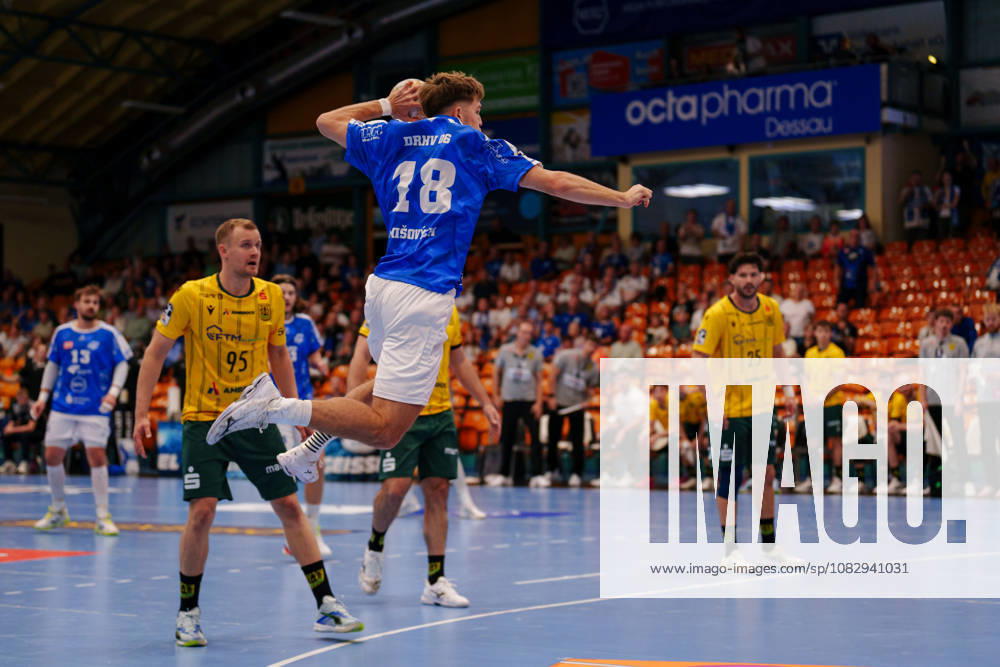 German Handball Bundesliga, Matchday 3: Dessau Roßlauer HV 06 vs. VfL Eintracht Hagen; David Misovych of Dessau Roßlauer HV 06 scores on a jump shot on September 11, 2026, at the Anhalt Arena, Dessau-Roßlau, Saxony-Anhalt; Dessau-Roßlau, Anhalt Arena, Saxony-Anhalt, Germany