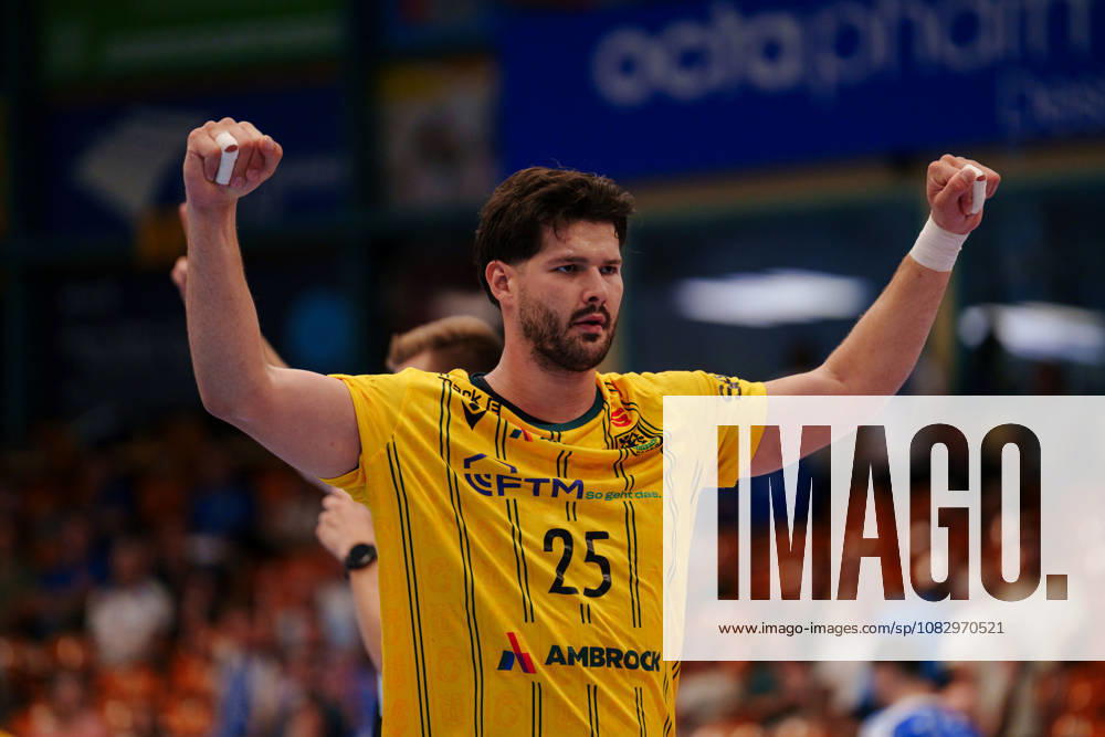 2nd Handball Bundesliga, Matchday 3: Dessau Roßlauer HV 06 vs. VfL Eintracht Hagen. Philip Jungemann of VfL Eintracht Hagen, 25, raises his fists on September 11, 2026, at the Anhalt Arena, Dessau-Roßlau, Saxony-Anhalt; Dessau-Roßlau, Anhalt Arena, Saxony-Anhalt, Germany