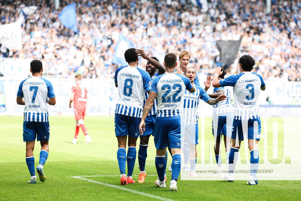 Goal celebration: Goal scorer Emmanuel Iyoha of 1. FC Magdeburg, 8, scores to make it 3–0. 2026–2027 Bundesliga season: 1. FC Magdeburg vs. 1. FC Kaiserslautern at the Avnet Arena in Magdeburg. Action, soccer, man,Men, Germany